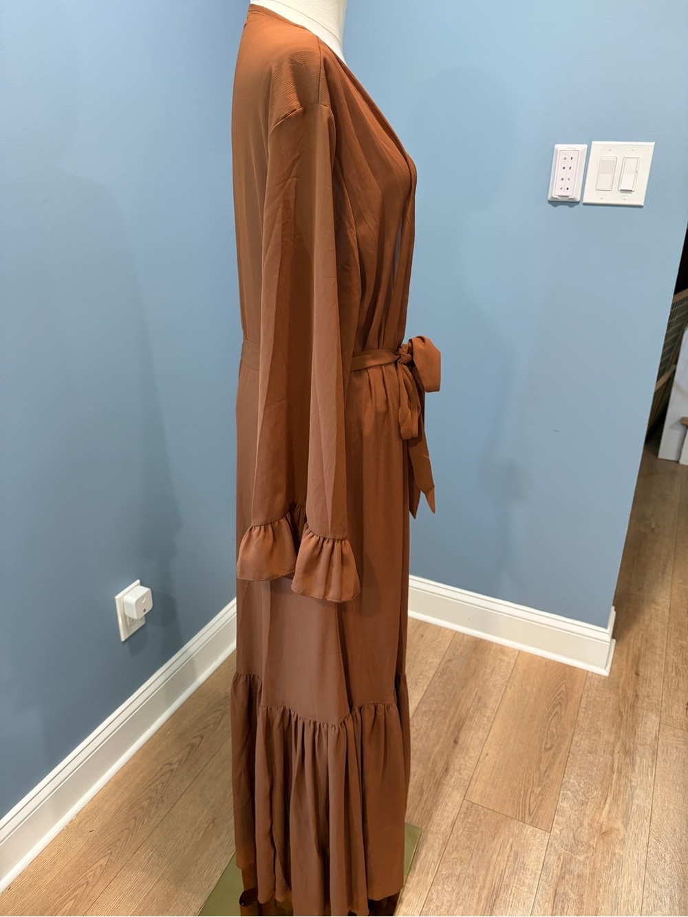 Kabayare Brown Long Duster Kimono Cardigan Ruffle Hem Tie Waist One Size Maxi - Picture 6 of 9